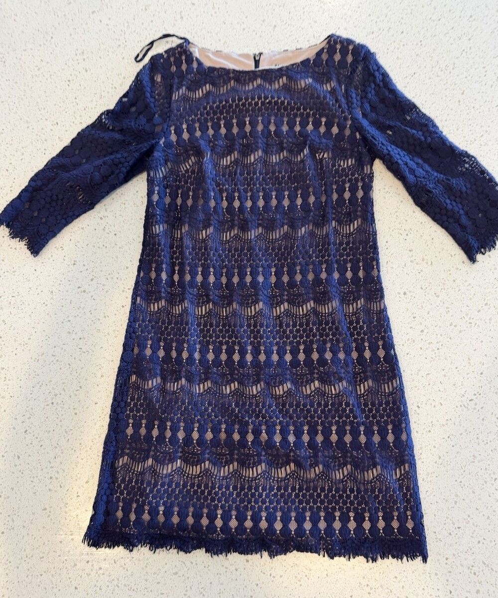 Eliza J Navy Blue Sheath Dress Lace Boat Neck 3/4 Sleeve Zip Knee 6 PTP: 17.5"